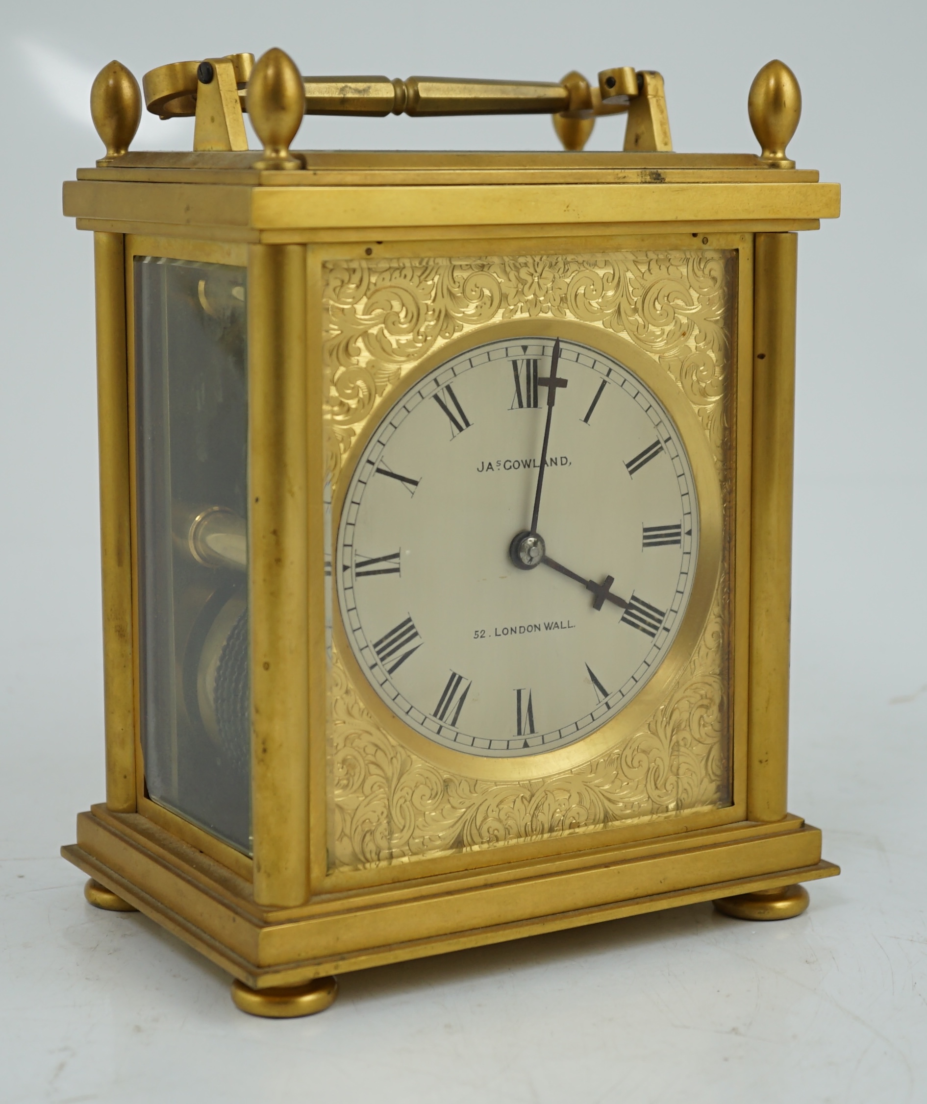 James Gowland of London, a rare mid 19th century giant gilt bronze single fuseé carriage timepiece, 22cm high to handle